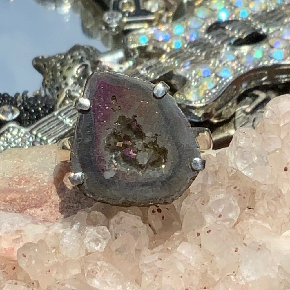 CELESTIAL RED GEODE DRUZY 925 STERLING SILVER RING, SIZE 10